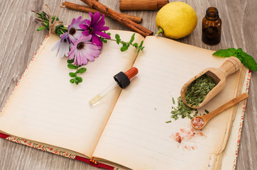 Fototapeta na wymiar medical herbs recipe book with essence dropper and medical herbs