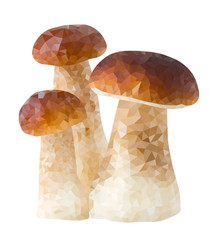Three mushrooms in low poly style, polygon vector triangle bolet
