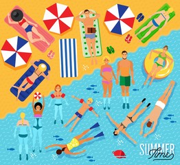 Vector set of characters in a flat style. Relax on the Beach.