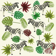zebra and tropical leaves pattern. Can be used to advertising, decoration of cards, phones, baby food, toys, websites, furniture, bags, home decoration, linens etc.