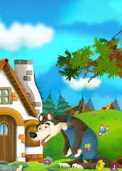 Cartoon scene tired wolf near the classical village house - illustration for children