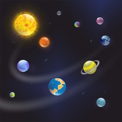 Naklejka premium Planets in space. Эта иллюстрация о познании мира, в тоже время она несколько абстрактна.