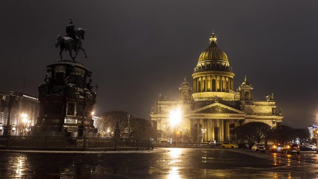 St. Petersburg city night scene time lapse. Isaac cathedral