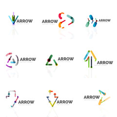 Set of linear arrow abstract logos, connected multicolored segments lines in directional pointer figures