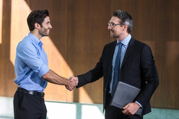 Businessman shaking mans hand