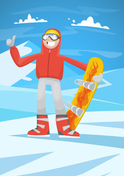 Boy and girl on top with snowboard young and happy couple snowboarders Vector illustration flat design