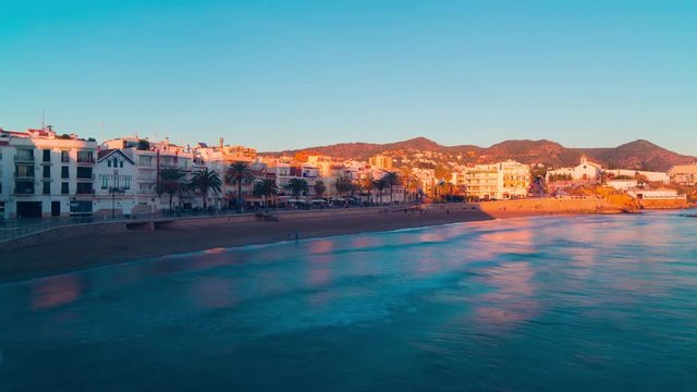 sunset famous spain tourist sea town sitges panorama 4k time lapse spain
