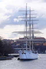 Obraz premium Stockholm, Sweden - March, 16, 2016: sailboat in Stockholm harbour, Sweden