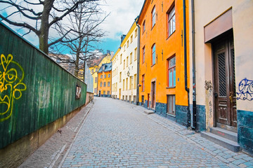 Stockholm, Sweden - March, 16, 2016: landscape with the image of Old Town street in Stockholm, Sweden