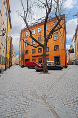 Stockholm, Sweden - March, 16, 2016: landscape with the image of Old Town street in Stockholm, Sweden