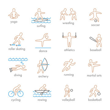 Colored vector icons of sportsmen on white background. Set of linear figures of athletes of water and summer sports. Line figure athletes popular sports. Set of vector athletes.