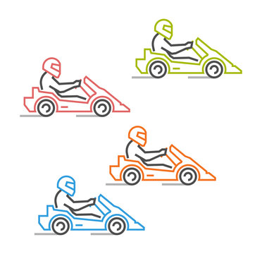 Modern outline go kart symbol. Multicolored line karting logo. Vector figures art racer. Vector line kart. Vector karting icons.