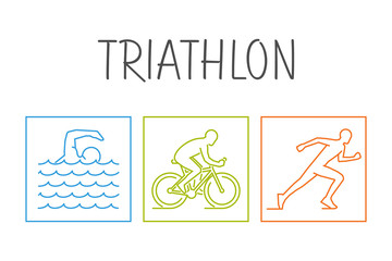Modern vector symbol for triathlon. Outline set of silhouettes of athlete. Vector figure triathlete. Stylish logo for triathlon on white background.
