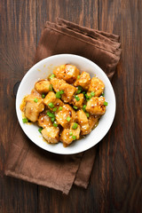 Asian dish chicken meat, top view