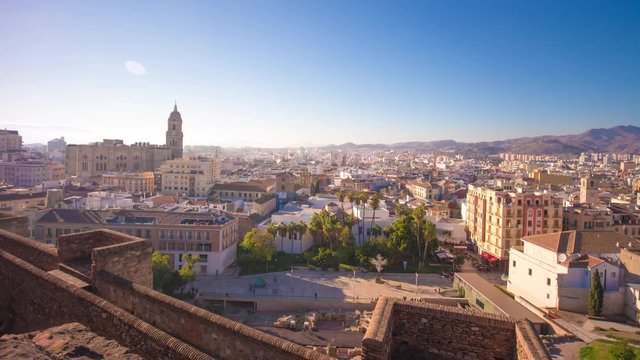sunny day malaga city alcazaba castle cathedral square view 4k time lapse spain
