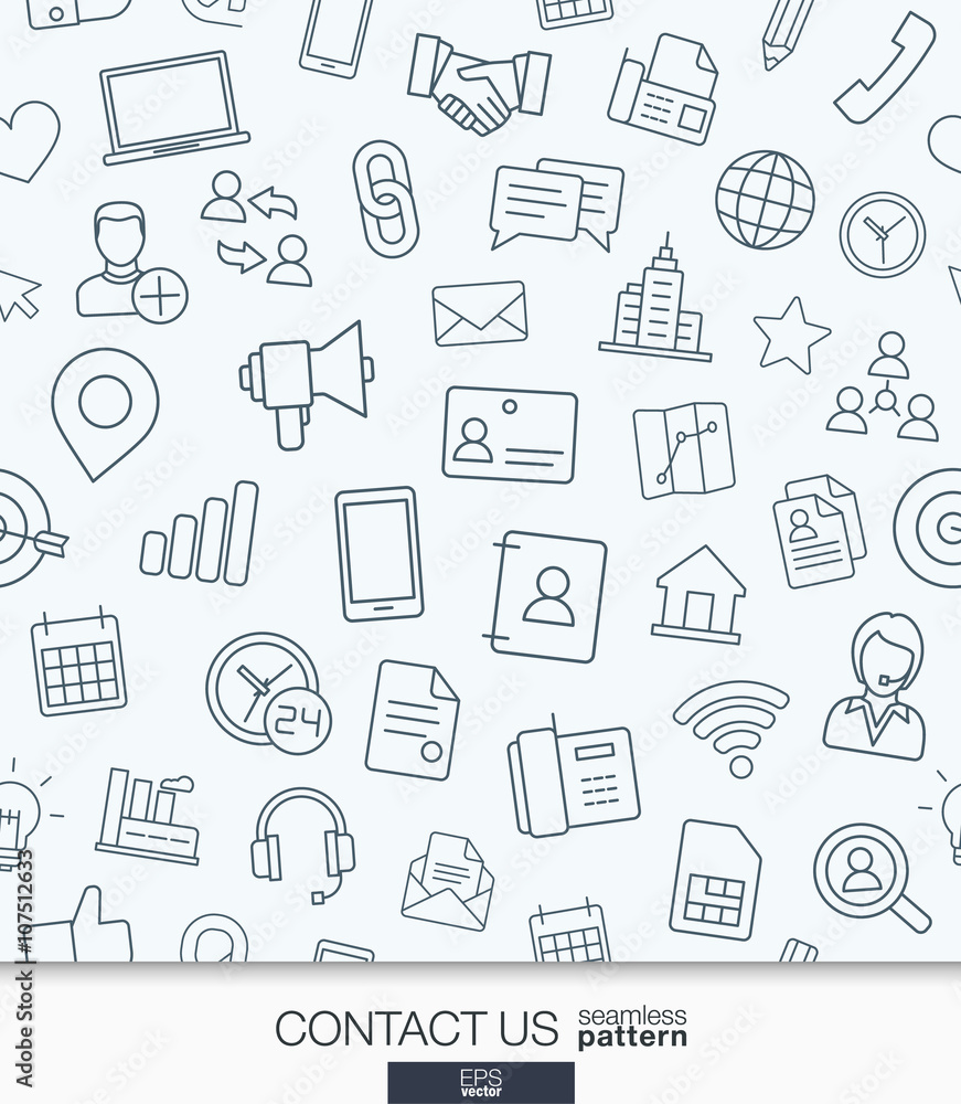 Poster contact us wallpaper. black and white communication seamless pattern. tiling textures with thin line