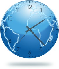 Blue planet Earth with clock face isolated on white