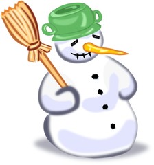 Cartoon snowman with broom isolated on white