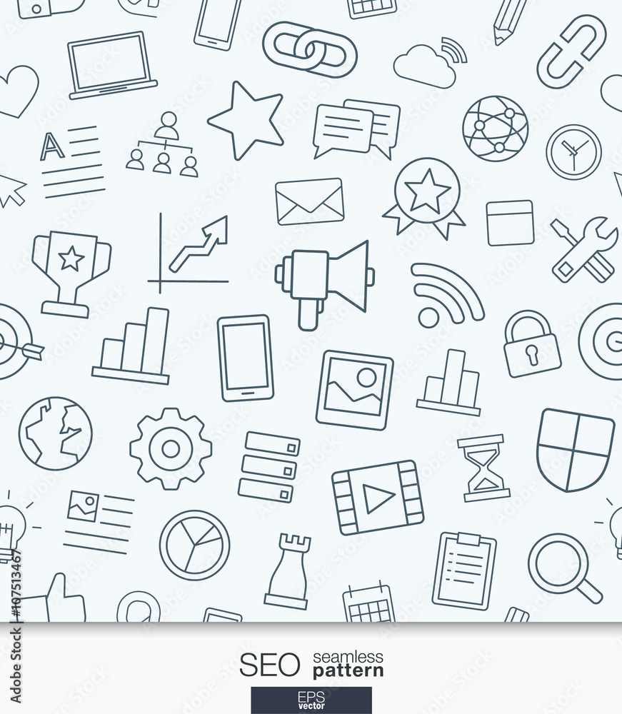 Poster seo wallpaper. black and white marketing seamless pattern. tiling textures with thin line web icons 