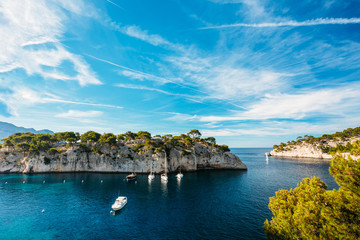 Naklejka premium White Yachts boats in bay. Calanques in the azure coast of Franc