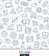 SEO wallpaper. Black and white marketing seamless pattern. Tiling textures with thin line web icons set. Vector illustration. Abstract background for mobile app, website, presentation.
