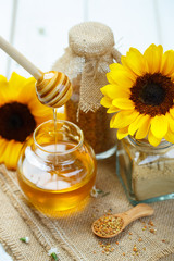 Glass bowls with honey another with pollen and propolis. Honey d