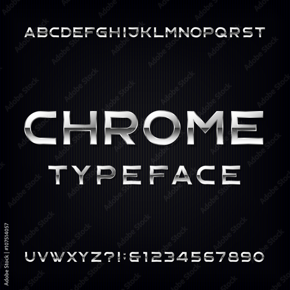 Poster chrome alphabet vector font. modern metallic letters and numbers on the dark background. stock vecto