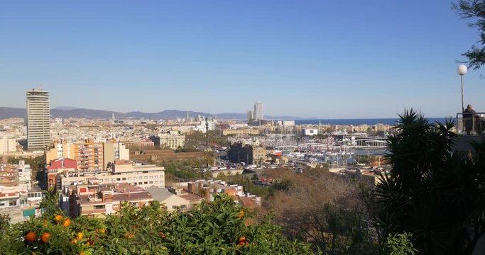 sunny day montjuic park port vell panorama 4k barcelona spain
