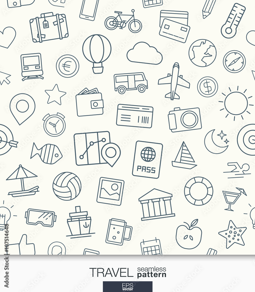 Poster travel wallpaper. black and white trip seamless pattern. tiling textures with thin line web icons se