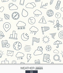 Weather wallpaper. Black and white meteorology seamless pattern. Tiling textures with thin line web icons set. Vector illustration. Abstract background for mobile app, website, presentation.