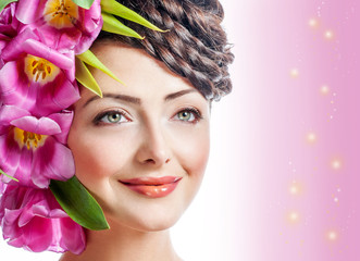 Beauty Spring Girl with Flowers Hair Style.  Spring Flower.Mothe