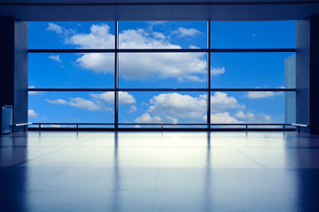 Modern airport interior glass wall aisle window