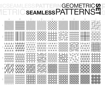 Black and white geometric seamless patterns. Thin line monochrome tiling textures set. Vector illustration.