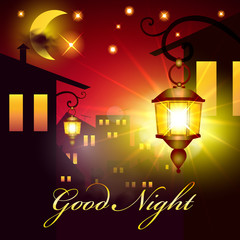 Good Night Vector Card. Lantern and Houses in night. Night Town Background with Moon and Stars