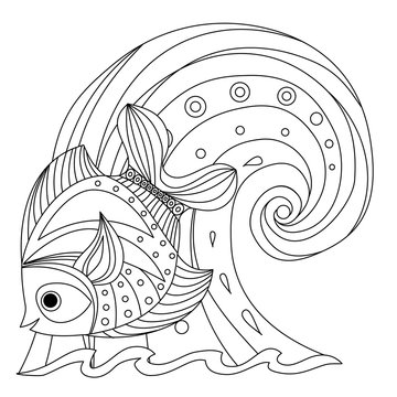 Coloring page fish and wave