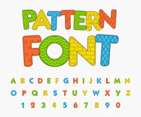 Colorful comic font. Funny alphabet with different patterns. Textured 3d letters with transparent shadows for kids, child, school, easter. Vector illustration.