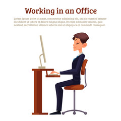 Fototapeta premium A man sitting at a table, vector illustration of office work, concept of correct posture of worker in his chair, working prints on keyboard looking at the monitor. Education, training, Developing