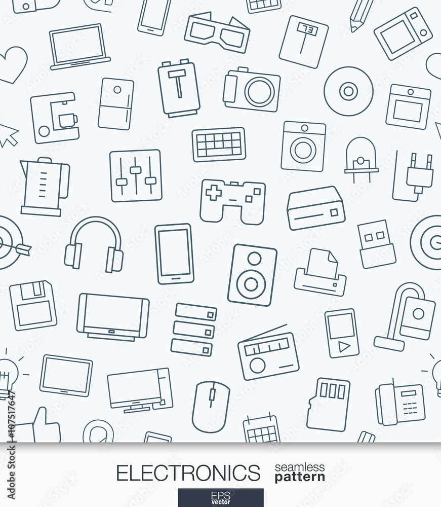 Poster home electronics wallpaper. black and white digital shop seamless pattern. tiling textures with thin