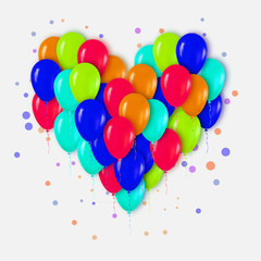 Realistic 3d Colorful Heart Bunch of  Balloons Flying for Party and Celebrations with confetti. Trendy Design element of Happy Birthday or Valentine's day. Vector Illustration.