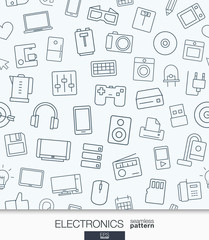 Home Electronics wallpaper. Black and white digital shop seamless pattern. Tiling textures with thin line web icons set. Vector illustration. Abstract background for mobile app, website, presentation.