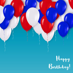 Realistic 3d White Red Blue Mettallic Balloons Flying for Party and Celebrations.Trendy Design element with Happy Birthday title on blue background. Vector Illustration.