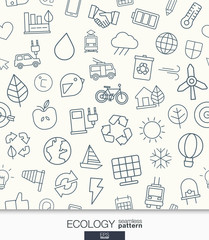 Naklejka premium Ecology wallpaper. Black and white marketing seamless pattern. Tiling textures with thin line web icons set. Vector illustration. Abstract background for mobile app, website, presentation.