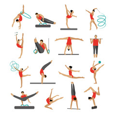 Fototapeta na wymiar Vector set of people in sport gymnastic positions. Sportsman flat icons isolated on white background. Artistic and rhythmic gymnast exercise