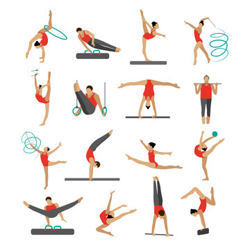 Vector Set Of People In Sport Gymnastic Positions. Sportsman Flat Icons Isolated On White Background. Artistic And Rhythmic Gymnast Exercise