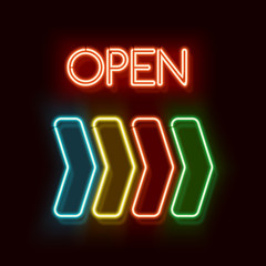 Retro club inscription Open. Vintage electric sign with a bright and colorful neon light indicating the direction of the arrows. Light falls on a black background. illustration