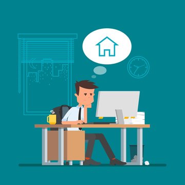 Business man working and dreaming about home. Vector illustration, flat cartoon style. Office worker in stress