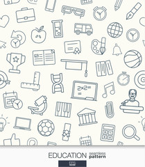 Education wallpaper. Black and white school and university seamless pattern. Tiling textures with thin line web icons set. Vector illustration. Abstract elearning background for mobile app, website