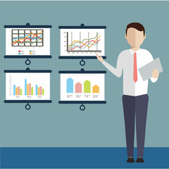 Businessman with a task, showing task and analytic, flat modern design