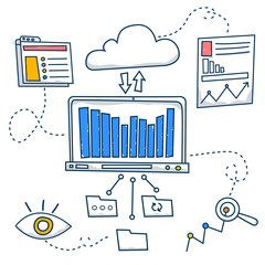 Obraz premium Doodle style concept of general research & analysis, problem solving, collecting data, scientific technologies approach. Modern line style illustration for web banners, hero images, printed materials