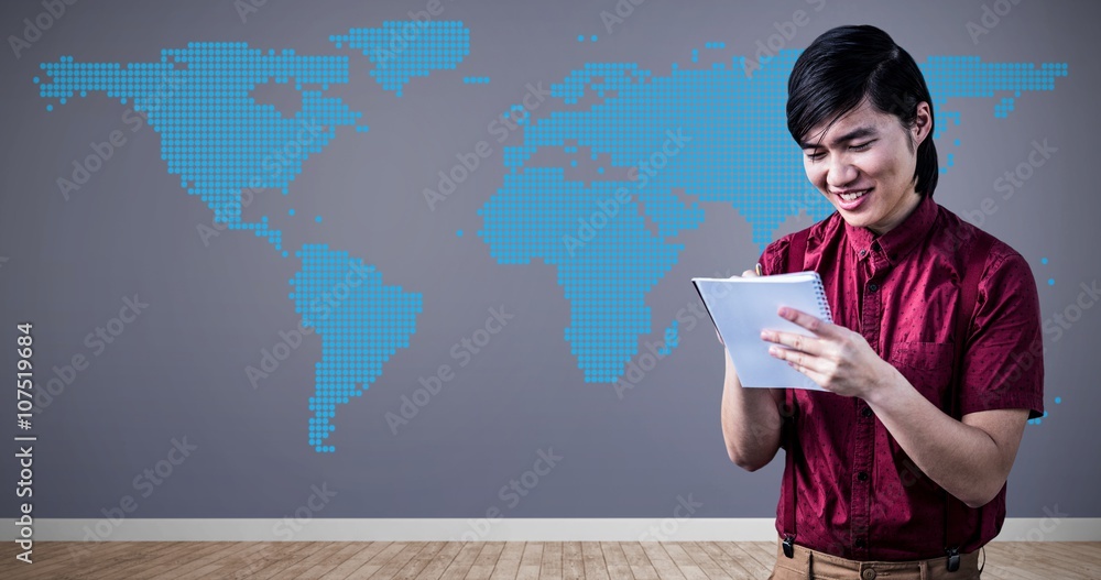 Poster composite image of smiling hipster takes notes